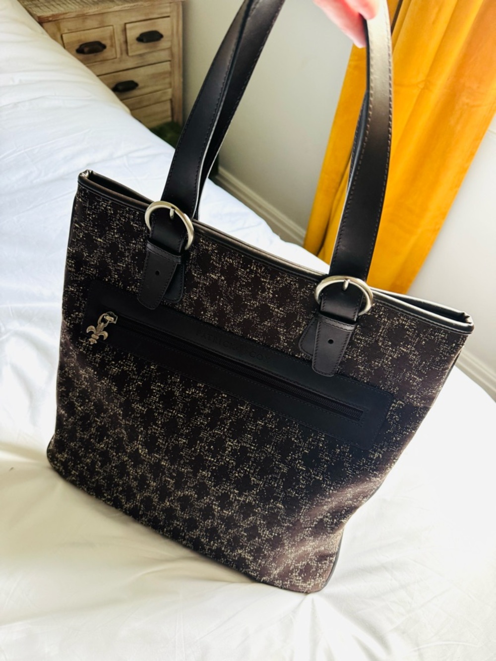 Patrick Cox Classic Fleur De Lys EmblemTote with Rich Brown Trim